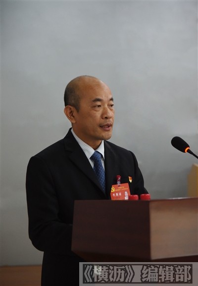 镇委书记何植尧会上作报告    马继涛/摄